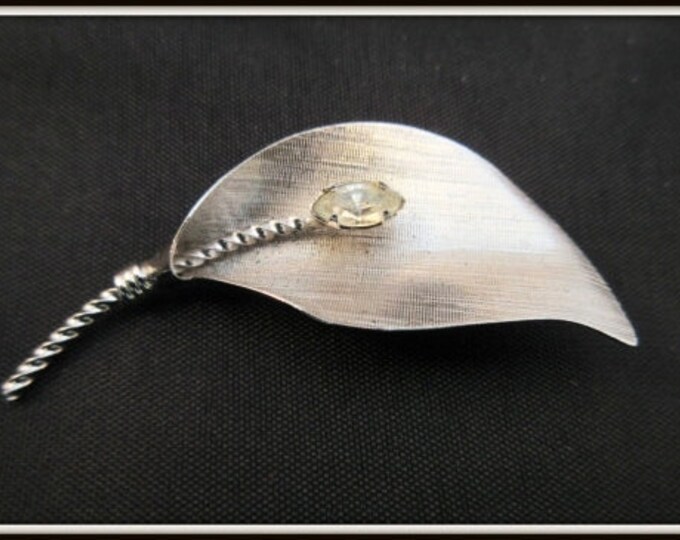 Sterling silver leaf brooch - rhinestone - Signed pin