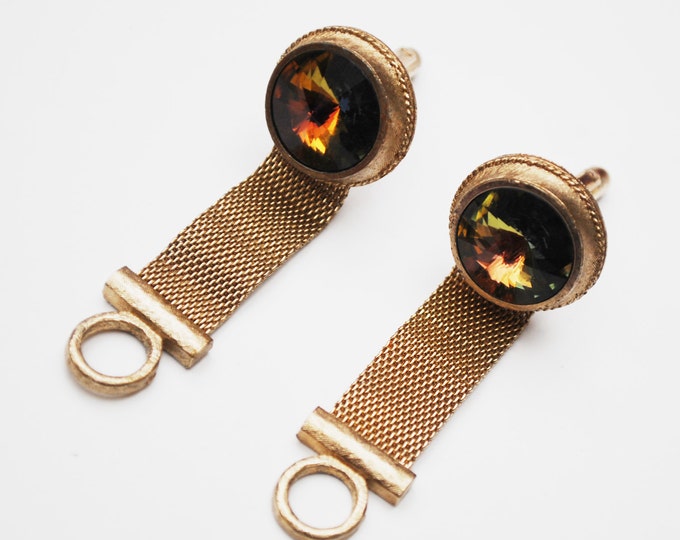 GreenYellos Rivoli Cuff link - Signed Dante - gold mesh - Rhinestone cufflinks