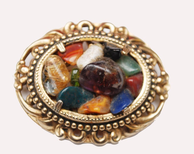 Gemstone Brooch - Gold oval Pin - Multi colored Polished stones -