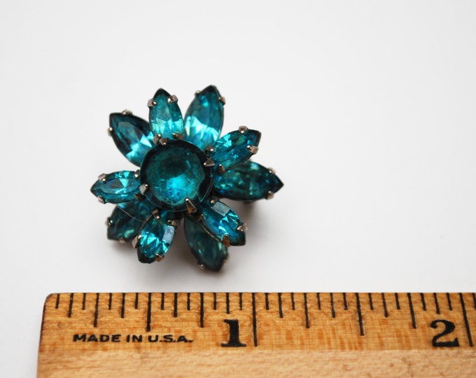 Aqua Blue Flower Brooch - Rhinestone Floral - Mid Century small pin jewelry