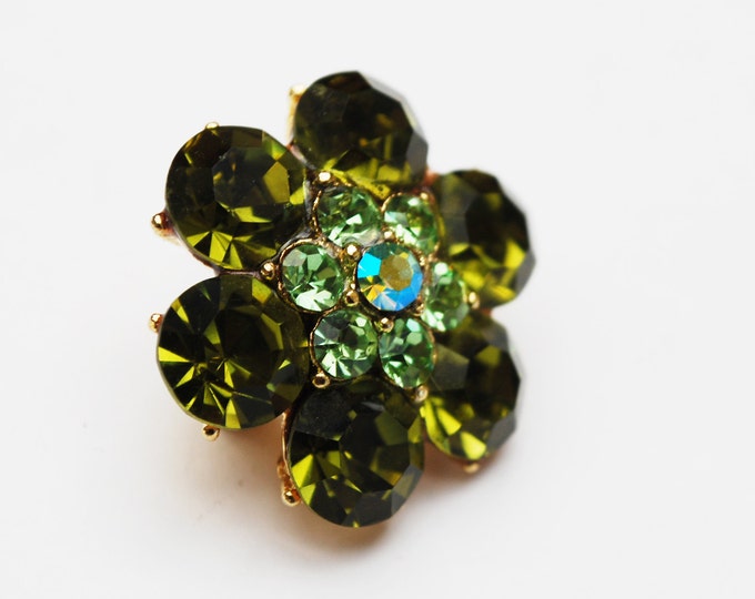 Small Green Rhinestone Flower Brooch - Olive green crystal - gold metal floral atomic scatter Pin