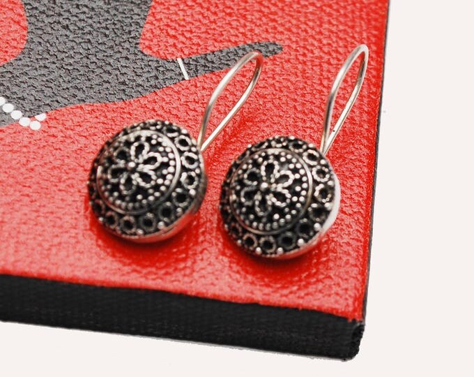 Sterling Flower Earring - Silver filigree - Signed DGS Turkey - Dangle Drop round disk Earrings