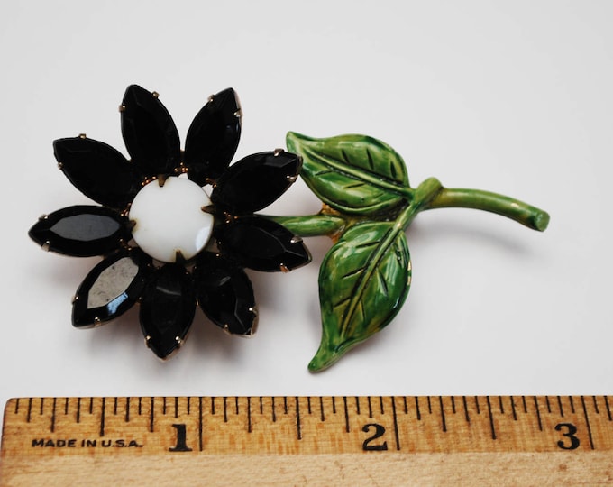 Rhinestone Flower Brooch - white milk glass black facet crystals petals - green enamel Floral pin