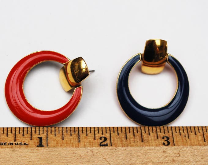 Reversible Hoop earrings - Red Blue Enamel -Gold Metal - pierced Earrings Two earrings in one