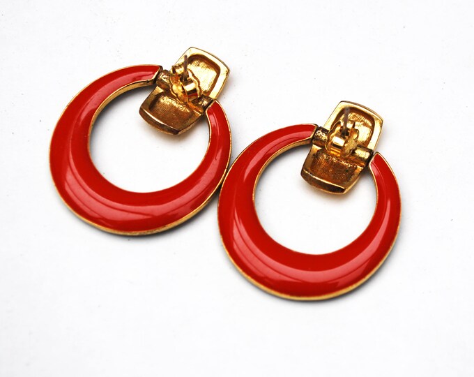 Reversible Hoop earrings - Red Blue Enamel -Gold Metal - pierced Earrings Two earrings in one