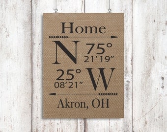 Housewarming Gift - New Home Gift - Latitude Longitude Coordinates Burlap Print - House Warming Gift - Our First Home - Home Coordinates