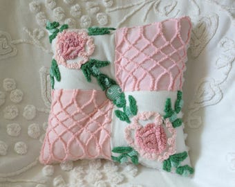 Pillow Vintage Chenille Morgan Jones and Cabin Crafts in Pink and Green...12 x 12"