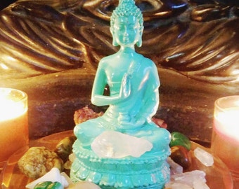 Buddha statue, Buddha figurine, meditation, spiritual altar, blue Buddha with stones