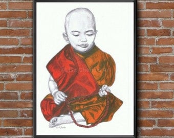 Boy Monk with Mala Beads Print - Monk Boy, Buddhist art, Buddha decor, monk artwork, spiritual art, prints, prayer beads, buddhist drawing