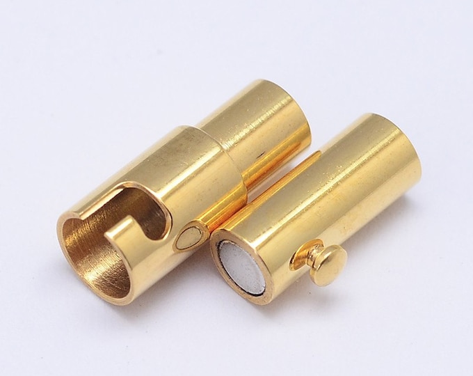 Magnetic clasp, 4mm hole,stainless steel,gold color,18mm x 7mm, locking, 1 clasp