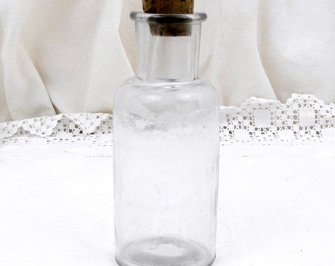 Small Antique French Clear Glass Apothecary Bottle with a Cork Stopper, Brocante Decor Vase from France ,Country Chemist Pharmacy,