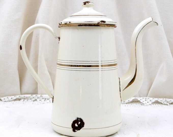 Antique Gooseneck Kettle Gold and Beige Chippy Enamelware Coffee Pot, Cafetière, French Country Decor, Cottage, Farmhouse, Kitchen, France Antique Gooseneck Kettle Gold and Beige Chippy Enamelware Coffee Pot, Cafetière, French Country Decor, Cottage, Farmhouse, Kitchen, France