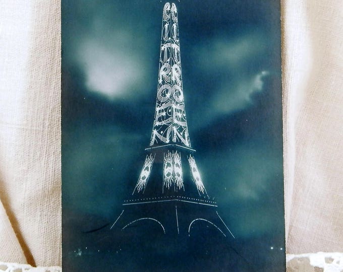 Unused Antique French Black and White Postcard, Eiffel Tower Illuminated by Citroen, Paris, French Decor, Shabby, Chic, Parisian, Brocante