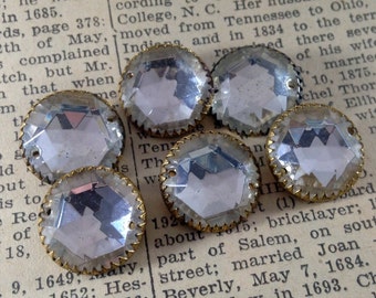 Vintage Clear Glass Buttons with Metal Shanks - Round Faceted Stones in Settings - Crystal, Rhinestones, Sew Ons - Tarnishing, Patina -Qty 6