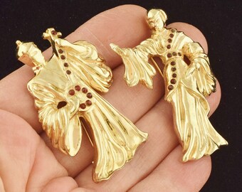Large Pair of Brooches 1940s Sterling Gold Vermeil Asian Man Woman ~ Lot 1265