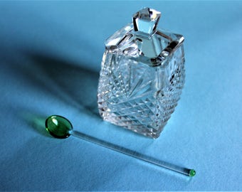 Delightful cut glass Mustard Pot/Relihs Pot with Green Glass Spoon