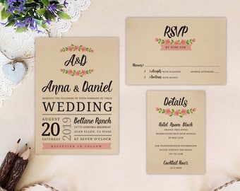 Wreath Wedding Invitation Set Printed On Kraft Cardstock Invite RSVP Postcard Enclosure Card Wreath Wedding Invitation Set Printed On Kraft Cardstock Invite RSVP Postcard Enclosure Card