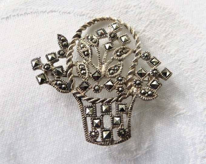 Vintage Sterling Flower Basket Brooch, Marcasite Stones, Art Deco Jewelry