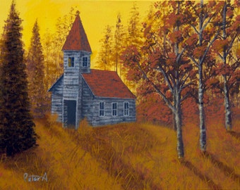 Wood Church Acrylic Painting, Folk Art Painting, Pastoral Painting, Religious Art, Yellow wall art, Church Art, Fall Art, Fall Colors -18x24