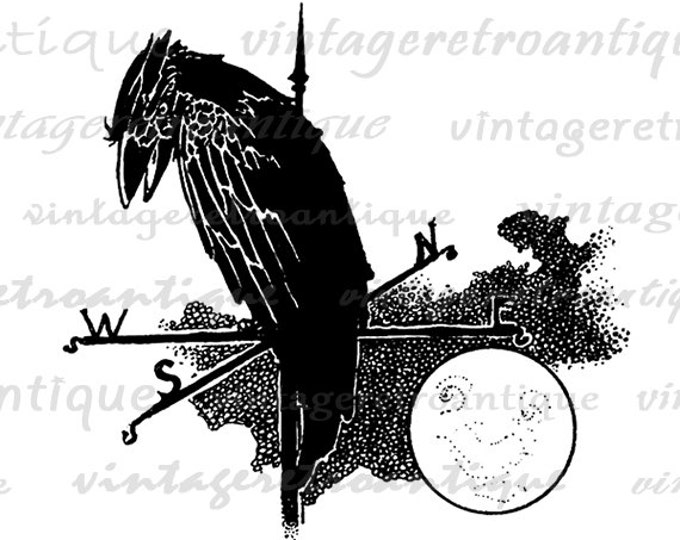 Raven Bird on Weathervain with Moon Digital Printable Download Image Graphic Vintage Clip Art Jpg Png Eps HQ 300dpi No.3565