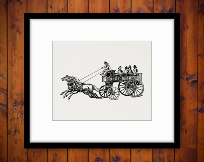 Digital Graphic Antique Fire Engine Download Horse Carriage Firemen Image Printable Artwork HQ 300dpi No.1790