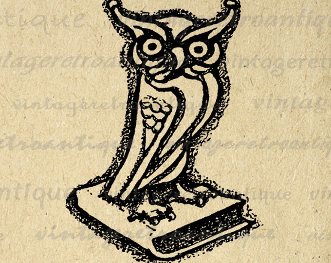 Owl on Book Digital Printable Download Illustration Image Graphic Vintage Clip Art Jpg Png Eps HQ 300dpi No.1557