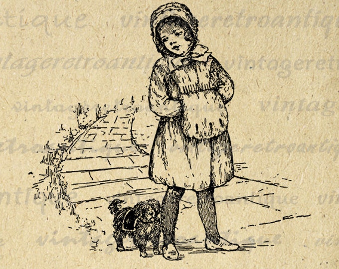 Digital Printable Little Girl with Dog Download Puppy Graphic Image Vintage Clip Art Jpg Png Eps HQ 300dpi No.299