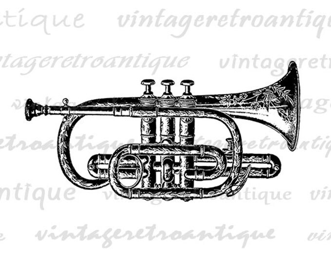 Digital Image Elegant Trumpet Printable Music Illustration Graphic Download Antique Clip Art Jpg Png Eps HQ 300dpi No.1500