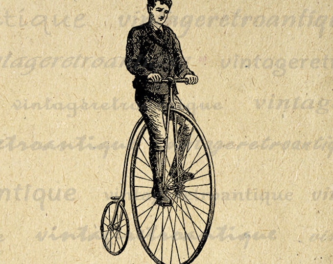 Printable High Wheel Bicyclist Image Digital Velocipede Bicycle Graphic Download Vintage Clip Art Jpg Png Eps HQ 300dpi No.4157