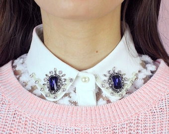 Col de chemise amovible blanche dentelle et joyaux / Malicieuse accessoires plastron