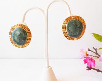 Green Earrings, Berebi Earrings, Vintage Earrings, Costume Jewelry, Pierced Earrings, Green and Gold