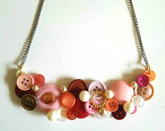 Pink White and Purple Beaded Pearl Vintage Button Bib Necklace