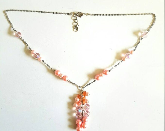 Pink Salmon Beaded Chain Dangle Necklace