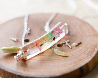 Dandelion Necklace - Rainbow Wish Cylinder , Gifts for Her , Real Dandelion , Botanical Jewellery , Pressed Flowers , Wildflower Necklace