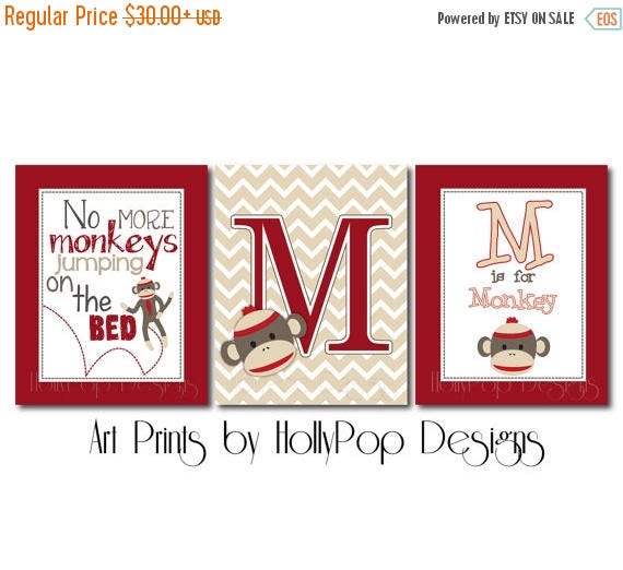 Sock monkey wall art nursery trio print set modern nursery