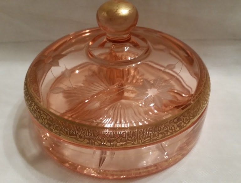 Vintage Pink Depression Glass Covered Dish. Dark Pink Depression Glass