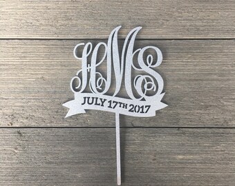 Monogram with Ribbon Wedding Cake Topper 5.5"W Monogram Cake Topper, Rustic Cake Topper, Wooden Cake Topper, Date and Initials Cake Topper