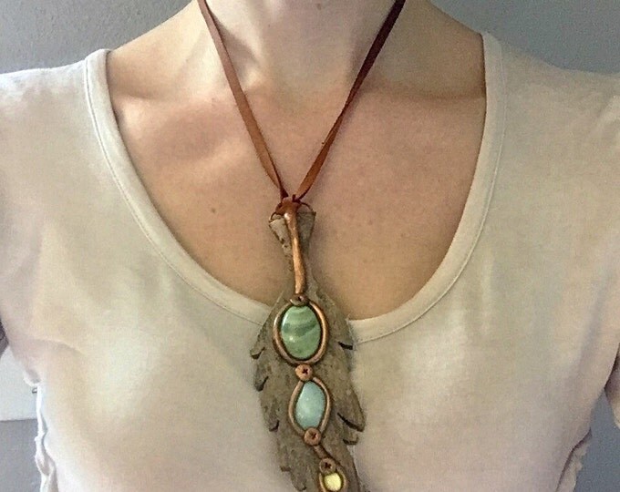 Serpentine, Larimar and Yellow Cat Eye Bronze Feather Pendant on Deer Skin Leather, Boho Healing Crystal Necklace, Calming