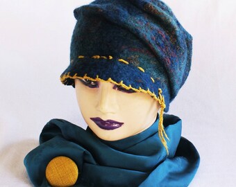 Contrast Boho Stitch Visor Hat Handmade Wool Dark teal Blue-green Petrol blue Hat Felted Casual Hat Slouchy beanie Handmade Bohemian Stitch