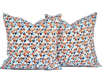 Two Geometric pillow covers, Orange Pillow, Navy Pillow, decorative throw pillow, accent pillow, pillow case, DIFFERENT SIZES AVAILABLE