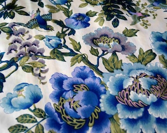 Antique French flowers and birds upholstery fabric, Boussac Romanex, blue cottage chic fabric