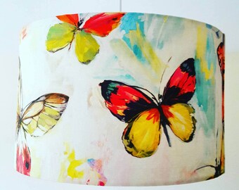 Butterfly Lampshade, painted, drum lampshade, ceiling shade, Mother's day gift, Insects, nature, woodland, bugs, gifts for her, blue, pink