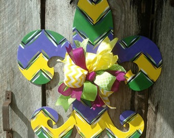 Mardi Gras Fleur de lis, chevron, door decor, home decor, wood, hand painted, fall door hanger, spring door hanger,