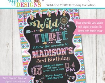 Wild and Three Birthday Party Invitation Boho Dream Catcher Invitation - 3rd Birthday Invitation - Chalkboard