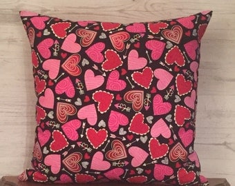 Valentines Day Pillow - Pink and Black Pillow Cover - Black and Pink - Valentines Day Decor - Pink Throw Pillow - Red Hearts