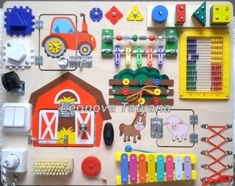 Busy Board "Farm", Activity Board, Sensory Board, Wooden Toy, Montessori educational Toy, Fine motor skills board for toddlers and babies
