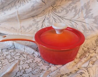 Flame Orange and White Descoware Enamel Cast Iron Sauce Pan, SP-214, Made in Belgium