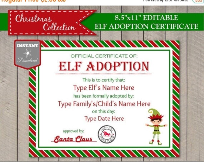 SALE Sale INSTANT DOWNLOAD Editable Elf Adoption Certificate/ Add Family Name & Elf's Name / You Type / Christmas Shop
