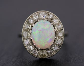 Antique Opal Ring - Edwardian Opal Engagement Ring - Antique Edwardian Opal & Diamond Cluster Ring