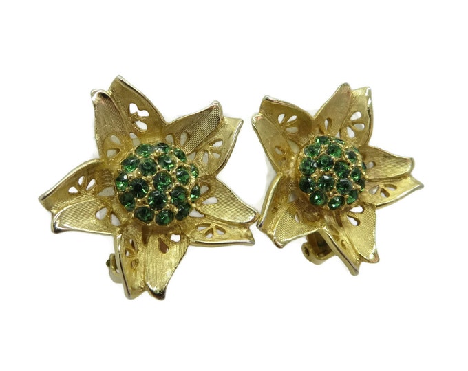 WEISS Green Rhinestone Gold Tone Flower Earrings, Vintage Clip-ons